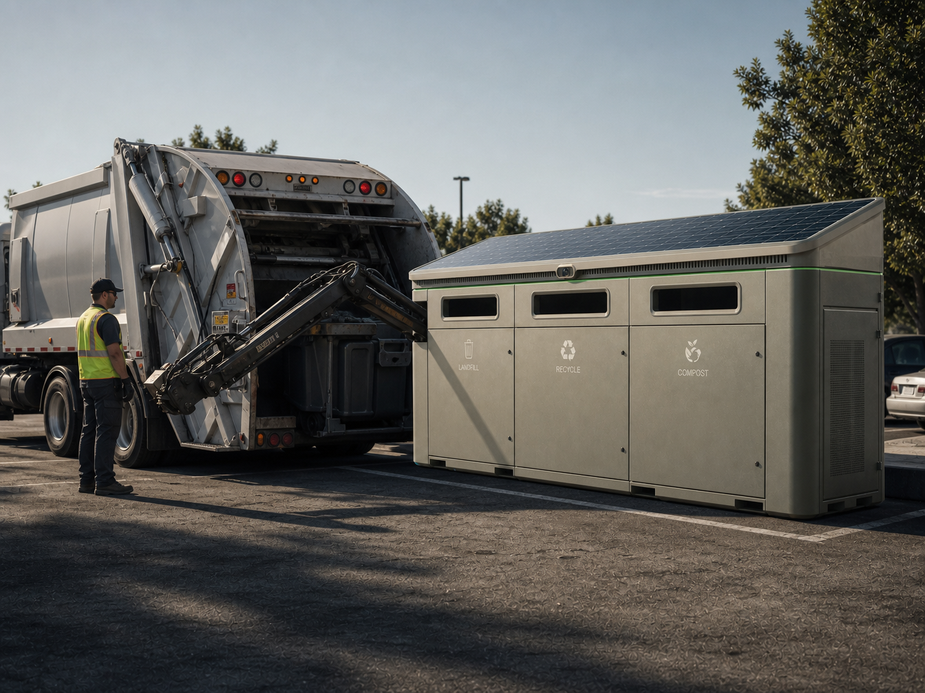 Operator truck picking up the Robotrash zone station container