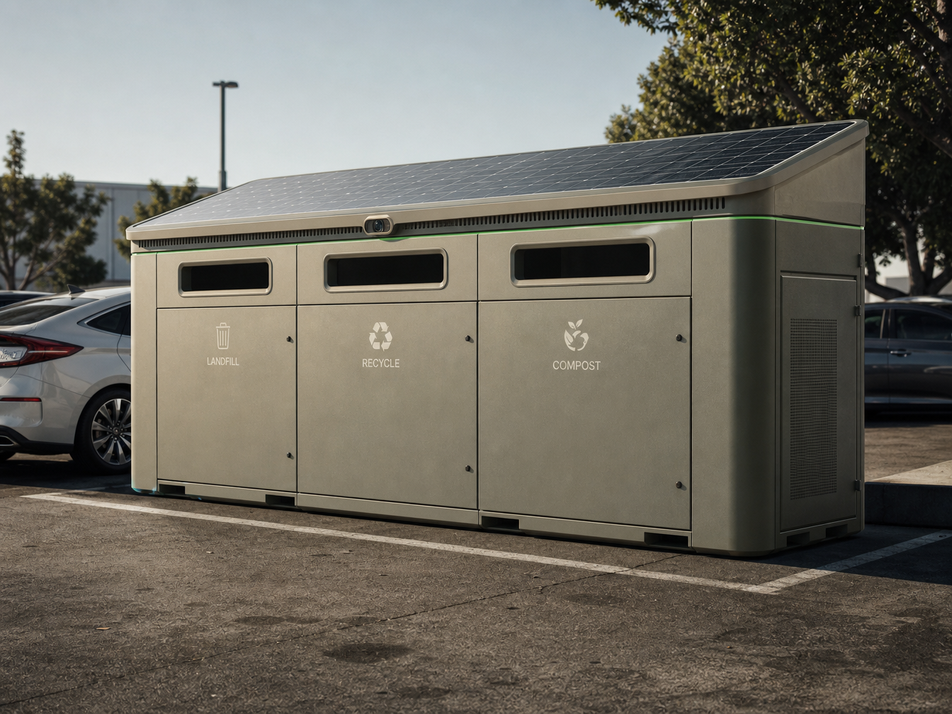 Robotrash zone station with solar panel, landfill, recycle, and compost compartments
